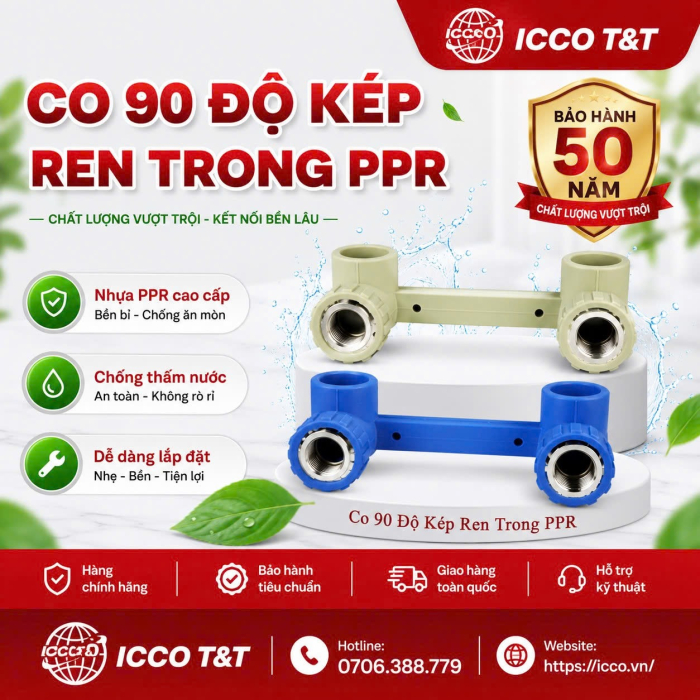 CO 90 ĐỘ KÉP REN TRONG PPR | CÚT 90 ĐỘ KÉP REN TRONG
