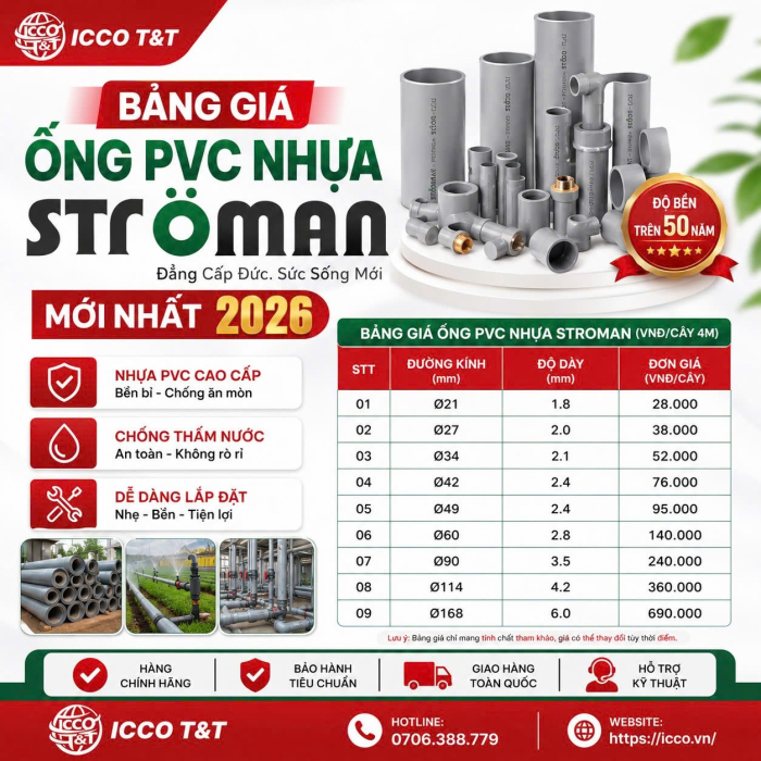 Bảng Giá Ống PVC Nhựa Stroman Mới Nhất 2026