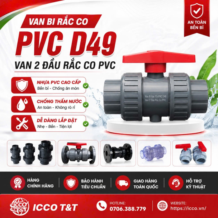 Van Bi Rắc Co PVC D49 l Van 2 Đầu Rắc Co PVC