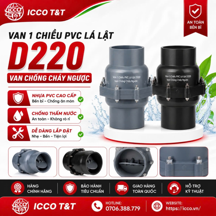 Van 1 Chiều PVC Lá Lật D220 l Van Chống Chảy Ngược